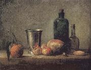Orange silver apple pears and two glasses of wine bottles, Jean Baptiste Simeon Chardin